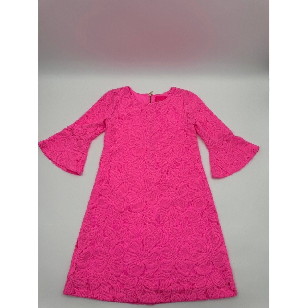 Lilly Pulitzer Midi Dress Women's XS Pink Lace 100% Polyester Flared Sleeves